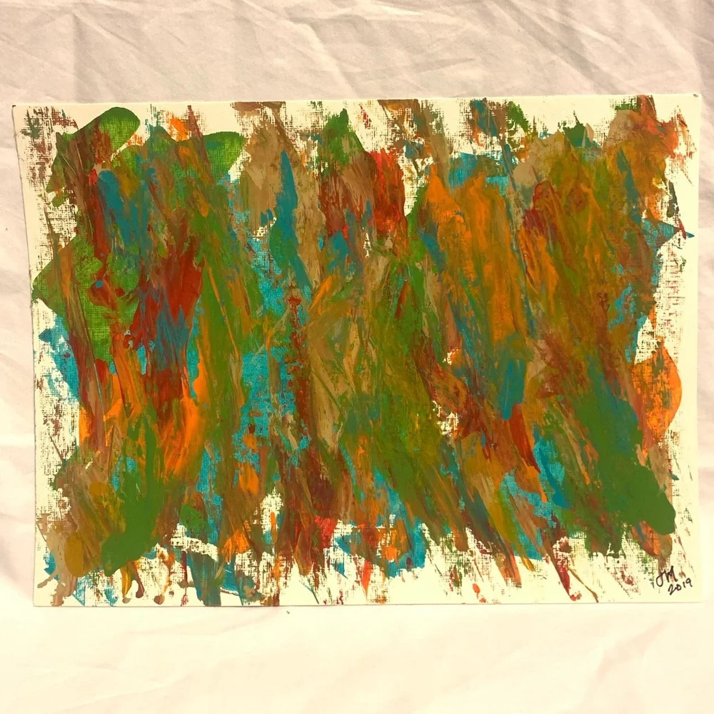 Olive, red, turquoise, orange & tan 9x12 original art